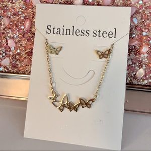 Stainless steel butterfly necklace and earrings set for women